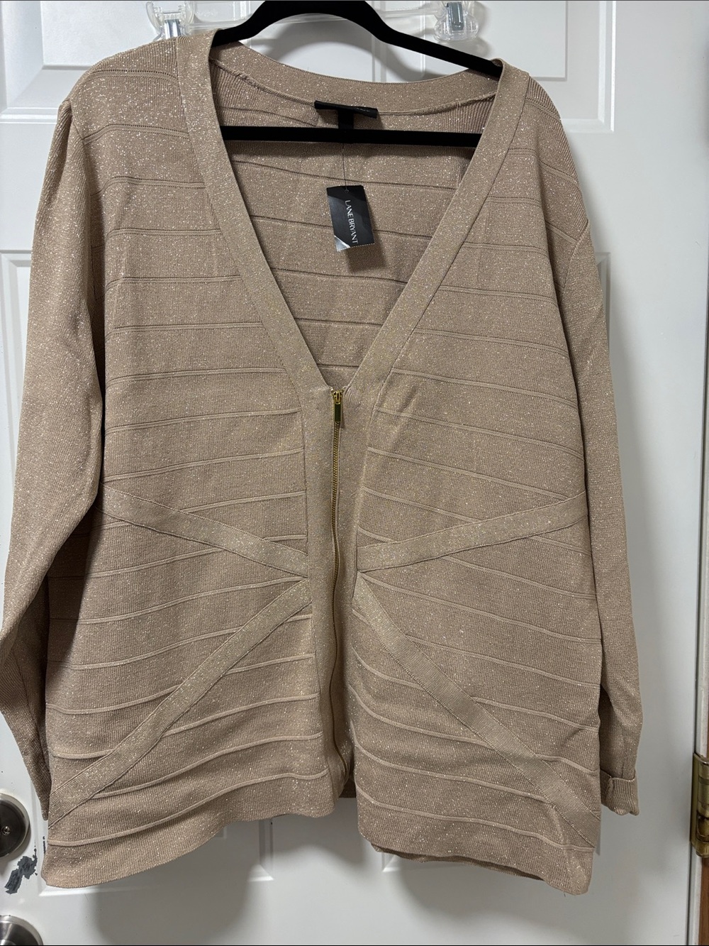 Lane Bryant Shimmery Taupe Zip-Front V-Neck Cardigan